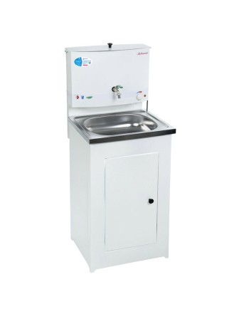 Умывальник для дачи Акватекс с нагревом воды (ЭВН), 17 л, тумба стальная белая, нержавеющая мойка