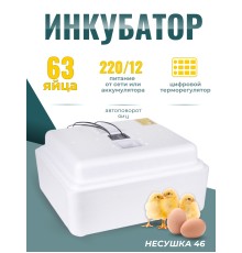 Инкубатор куриных яиц домашний Несушка на 63 яйца с автоматическим поворотом (артикул 46)