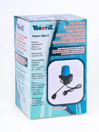 Регулятор давления электронный ЭДД-10, кабель1,3м+розетка (до 1.1кВт, старт 1.5-3 бар, max 10бар, 0-60°C, d вх./вых.отв. 1", манометр)