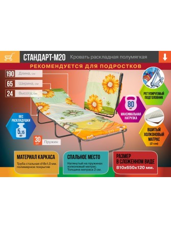 Раскладушка с полумягким матрасом Стандарт-М20, для детей и подростков, 195х65 см