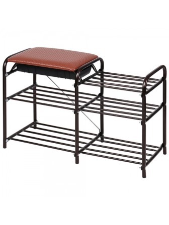 Этажерка для обуви с ящиком НИКА ЭТЛ5, коричневое сиденье, каркас медный антик
