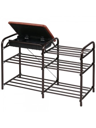Этажерка для обуви с ящиком НИКА ЭТЛ5, коричневое сиденье, каркас медный антик