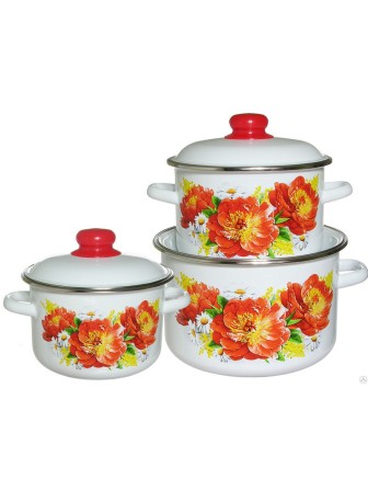 Набор кастрюль эмалированных Пионы Стальэмаль №19 1КВ191М, 2 л, 3 л, 5,5 л