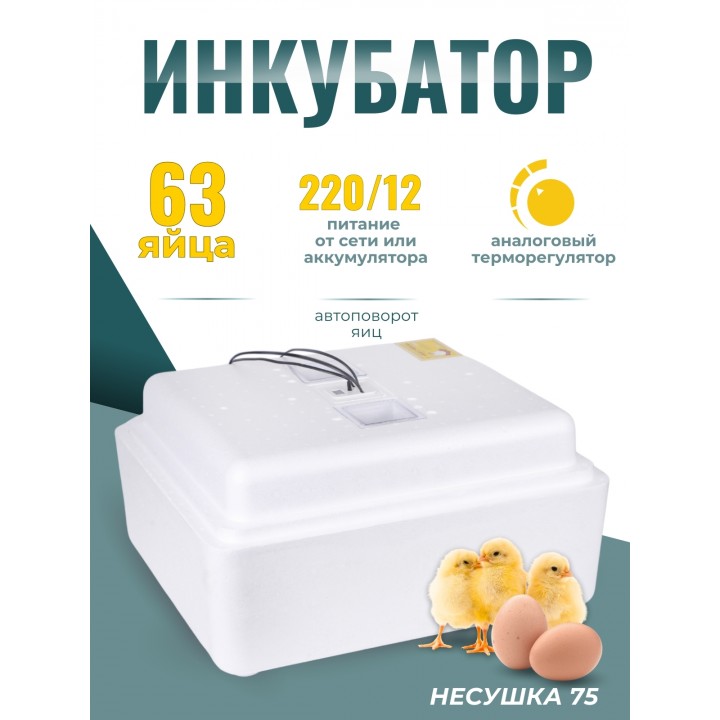 Инкубатор куриных яиц домашний Несушка на 63 яйца с автоматическим поворотом (артикул 75)