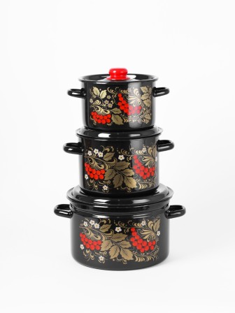 Набор кастрюль эмалированных (2,9 л, 4,5 л ,7л) л, Стальэмаль 1с112, Рябина, черный