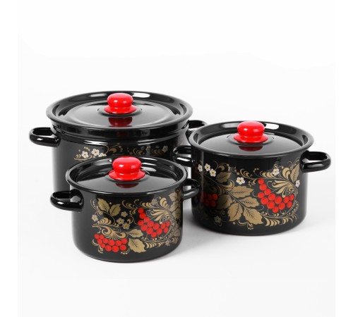Набор кастрюль эмалированных (2,9 л, 4,5 л ,7л) л, Стальэмаль 1с112, Рябина, черный