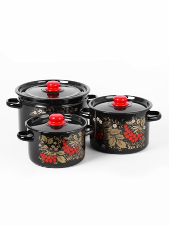 Набор кастрюль эмалированных (2,9 л, 4,5 л ,7л) л, Стальэмаль 1с112, Рябина, черный