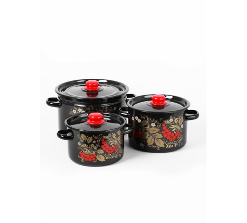 Набор кастрюль эмалированных (2,9 л, 4,5 л ,7л) л, Стальэмаль 1с112, Рябина, черный