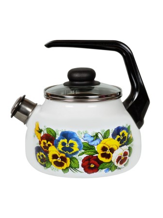 Чайник эмалированный  2 л, Стальэмаль 4с210я, Анютины глазки белоснежный, со свистком