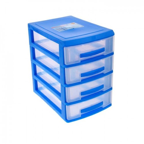 Комод-мини пластиковый 4 ящика настольный органайзер для мелочей высота 26 см голубой, прозрачный