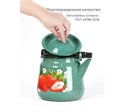 Чайник эмалированный  3,5 л, Стальэмаль 1с26с, Клубника садовая изумрудный