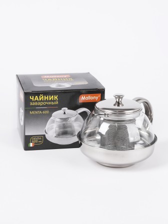 Чайник заварочный стеклянный 600 мл Mallony Menta-600 корпус из нержавеющей стали