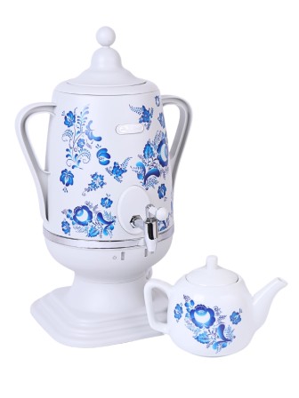 Электрочайник-самовар Добрыня 4.0 л DO-415 (белый/гжель) + фарфоровый заварочный чайник 1.0л