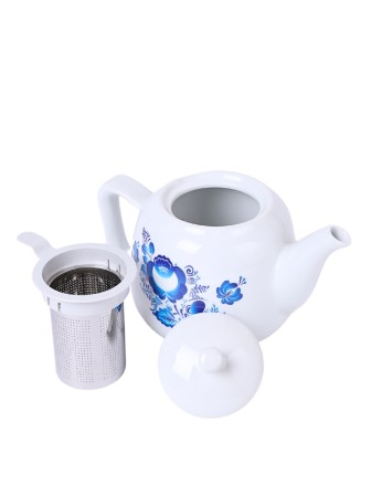 Электрочайник-самовар Добрыня 4.0 л DO-415 (белый/гжель) + фарфоровый заварочный чайник 1.0л