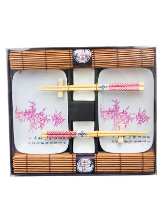 Набор для суши № 40424 "Розовый бамбук" на 2 персоны (4 пиалы, палочки 2 пары, подставки для палочек, коврики) 