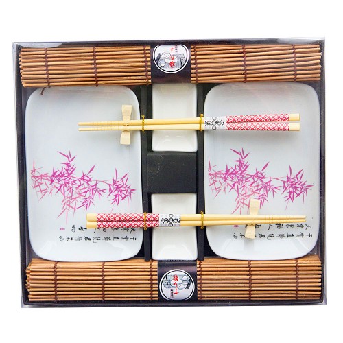 Набор для суши № 40424 "Розовый бамбук" на 2 персоны (4 пиалы, палочки 2 пары, подставки для палочек, коврики) 