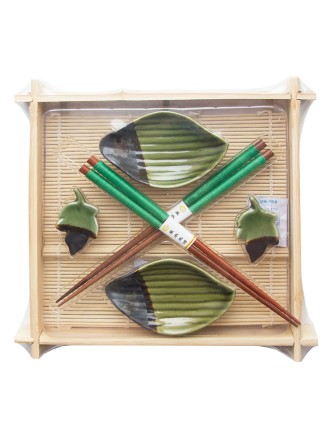 Набор для суши № 40343 "Зеленый лист" на 2 персоны (2 пиалы, палочки 2 пары, подставки для палочек) 