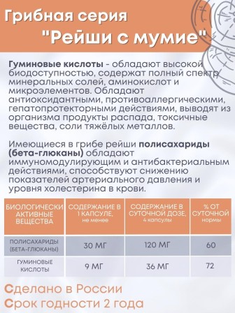 БАД Грибная серия "Рейши с мумиё" для повышения защитных сил организма, 30 капсул
