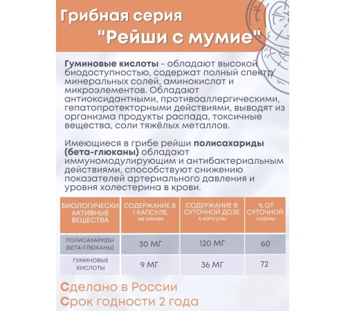 БАД Грибная серия "Рейши с мумиё" для повышения защитных сил организма, 30 капсул БАД Грибная серия "Рейши с мумиё" для повышения защитных сил организма, 30 капсул