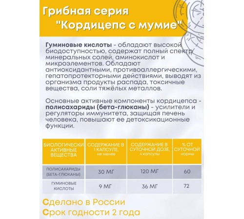 БАД Грибная серия "Кордицепс с мумиё" для мочеполовой системы, 30 капсул БАД Грибная серия "Кордицепс с мумиё" для мочеполовой системы, 30 капсул