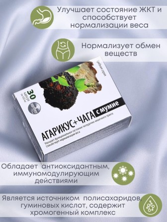 БАД Грибная серия "Агарикус+Чага с мумиё" нормализует обмен веществ, 30 капсул