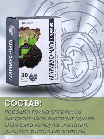БАД Грибная серия "Агарикус+Чага с мумиё" нормализует обмен веществ, 30 капсул