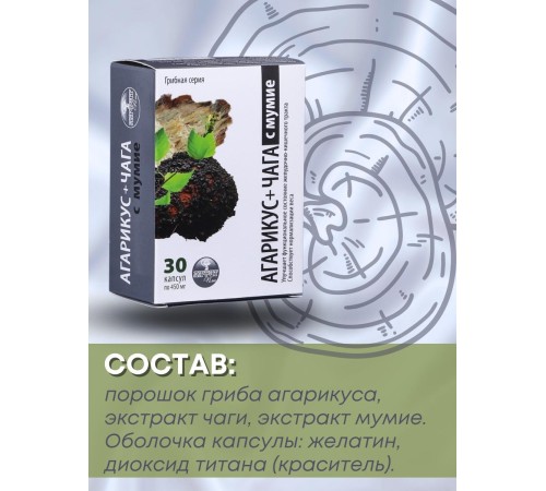 БАД Грибная серия "Агарикус+Чага с мумиё" нормализует обмен веществ, 30 капсул БАД Грибная серия "Агарикус+Чага с мумиё" нормализует обмен веществ, 30 капсул