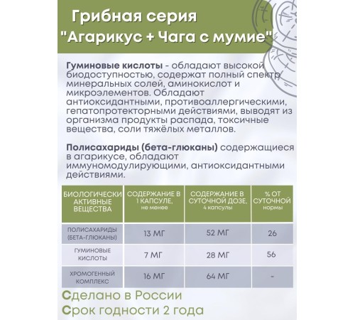 БАД Грибная серия "Агарикус+Чага с мумиё" нормализует обмен веществ, 30 капсул БАД Грибная серия "Агарикус+Чага с мумиё" нормализует обмен веществ, 30 капсул