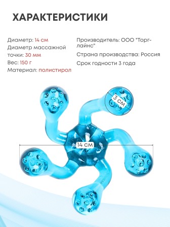 Массажер ЛАПОНЬКА-2 бирюзовый, 5 массажных элементов с шипами 
