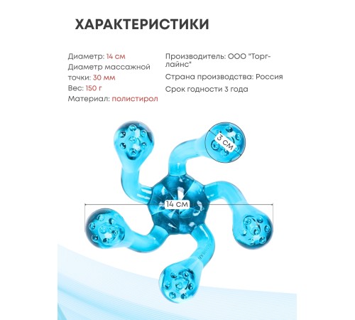 Массажер ЛАПОНЬКА-2 бирюзовый, 5 массажных элементов с шипами 