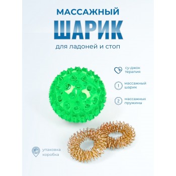 Массажер МАССАЖНЫЙ ШАРИК ЗЕЛЕНЫЙ медицинский с двумя металлическими пружинами, в коробке