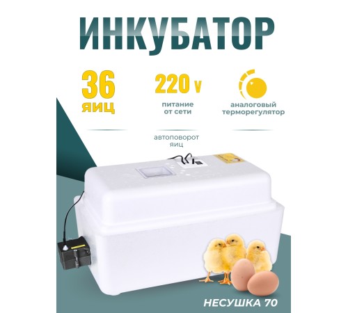 Инкубатор Несушка на 36 яиц 220B, автоматический поворот, аналоговый терморегулятор (арт.70) Инкубатор Несушка на 36 яиц 220B, автоматический поворот, аналоговый терморегулятор (арт.70)