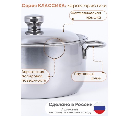 Кастрюля Амет Классика 3,0 л 1С371 с металлической крышкой