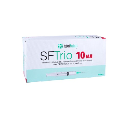 Шприц 10 мл 3-компонентный SF Medical, с надетой иглой 21G 0,8x40 мм, коробка 100 шт. 