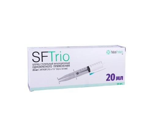 Шприц 20 мл 3-компонентный SF Medical, со снятой иглой 21G 0,8x40 мм, в коробке 50 шт. Шприц 20 мл 3-компонентный SF Medical, со снятой иглой 21G 0,8x40 мм, в коробке 50 шт.