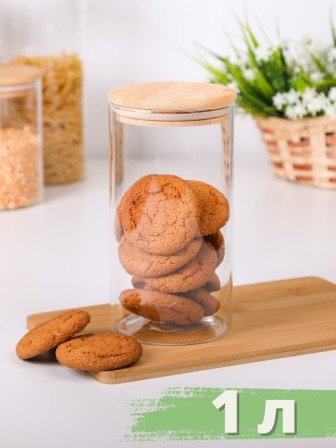 Банка стеклянная с крышкой из бамбука 1 л MALLONY BAMBU для хранения сыпучих продуктов, кофе, чая, круп