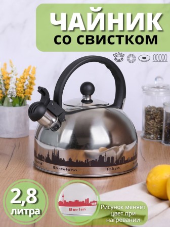 Чайник для плиты со свистком 2,8 л капсульное дно MALLONY MAL-CITY-01 с рисунком, меняет цвет при нагревании