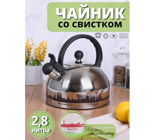 Чайник для плиты со свистком 2,8 л капсульное дно MALLONY MAL-CITY-01 с рисунком, меняет цвет при нагревании