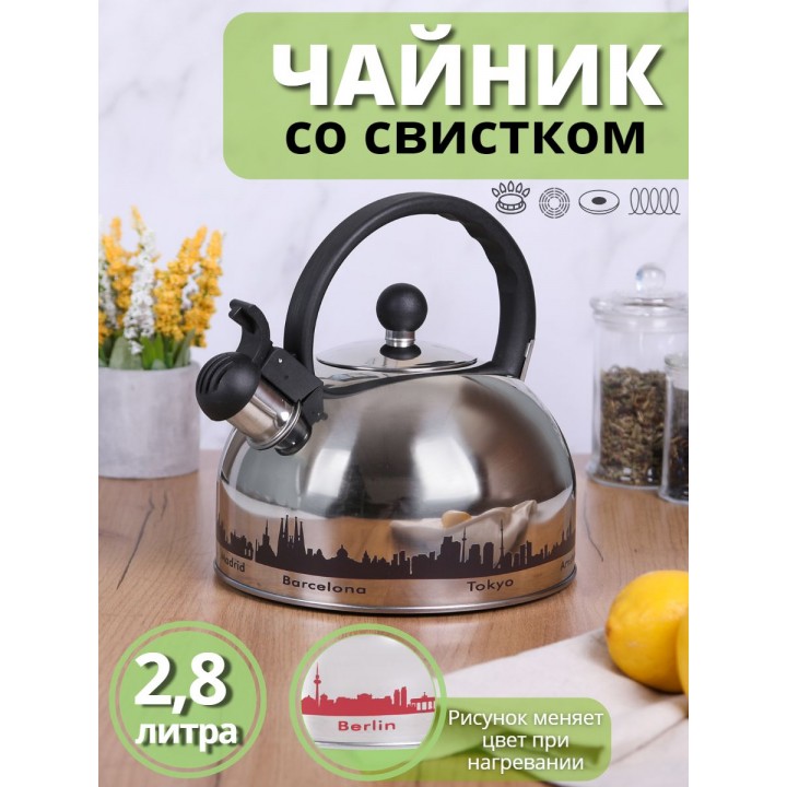 Чайник для плиты со свистком 2,8 л капсульное дно MALLONY MAL-CITY-01 с рисунком, меняет цвет при нагревании
