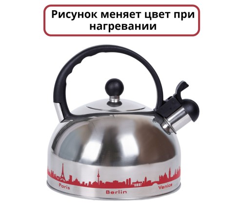 Чайник для плиты со свистком 2,8 л капсульное дно MALLONY MAL-CITY-01 с рисунком, меняет цвет при нагревании
