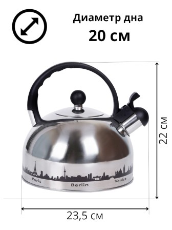 Чайник для плиты со свистком 2,8 л капсульное дно MALLONY MAL-CITY-01 с рисунком, меняет цвет при нагревании