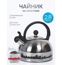 Чайник для плиты со свистком 2,8 л капсульное дно MALLONY MAL-CITY-01 с рисунком, меняет цвет при нагревании