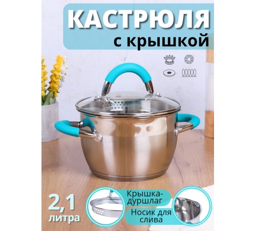 Кастрюля из нержавеющей стали 2,1 л с крышкой  Mallony BRAVO для индукционной плиты