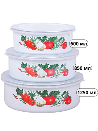 Миски эмалированные с крышками набор 3 шт. MALLONY FAMILIA "Овощи", 600/ 850/ 1250 мл