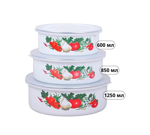 Миски эмалированные с крышками набор 3 шт. MALLONY FAMILIA "Овощи", 600/ 850/ 1250 мл