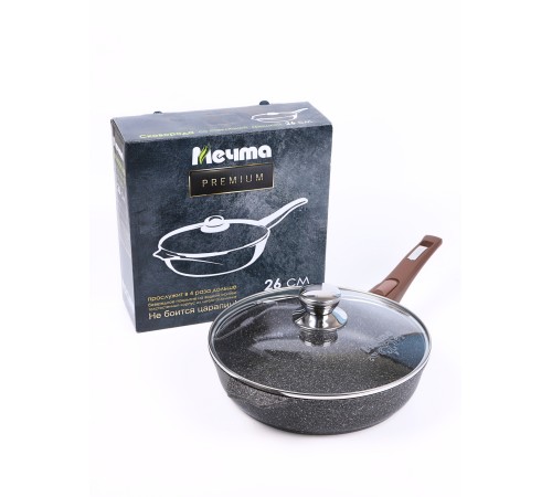 Сковорода Premium (mokko)  с026902 26см,съемн.ручка,стек.крышка