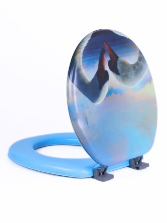 Сиденье для унитаза мягкое голубое с рисунком два лебедя на фоне рассвета