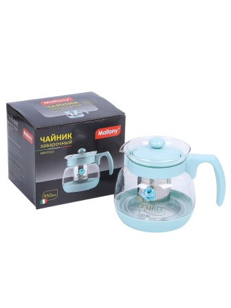 Чайник заварочный MALLONY Mentolo-950 0,95л стекло рисунок голубой цветок Everyday