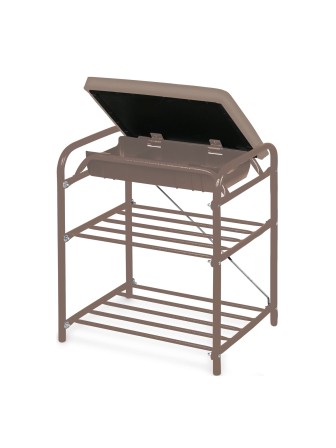 Этажерка-банкетка для обуви с мягким сиденьем из экокожи и ящиком БП1-1/К коричневая