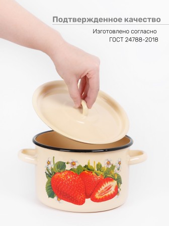 Кастрюля эмалированная 2,9 л, Стальэмаль 1с16с/1, Клубника садовая, кремовый